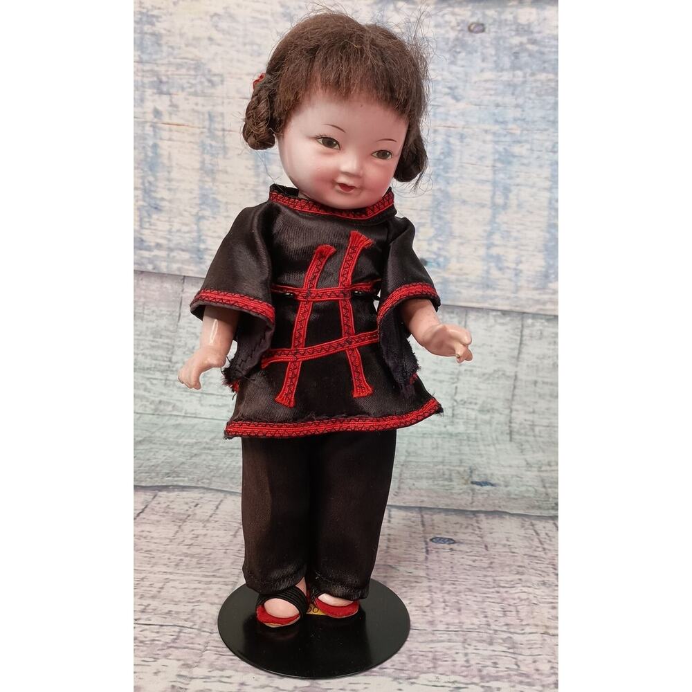 Jointed Chinese Folk Doll 8" in Satin Kimono Hard Plastic Vintage